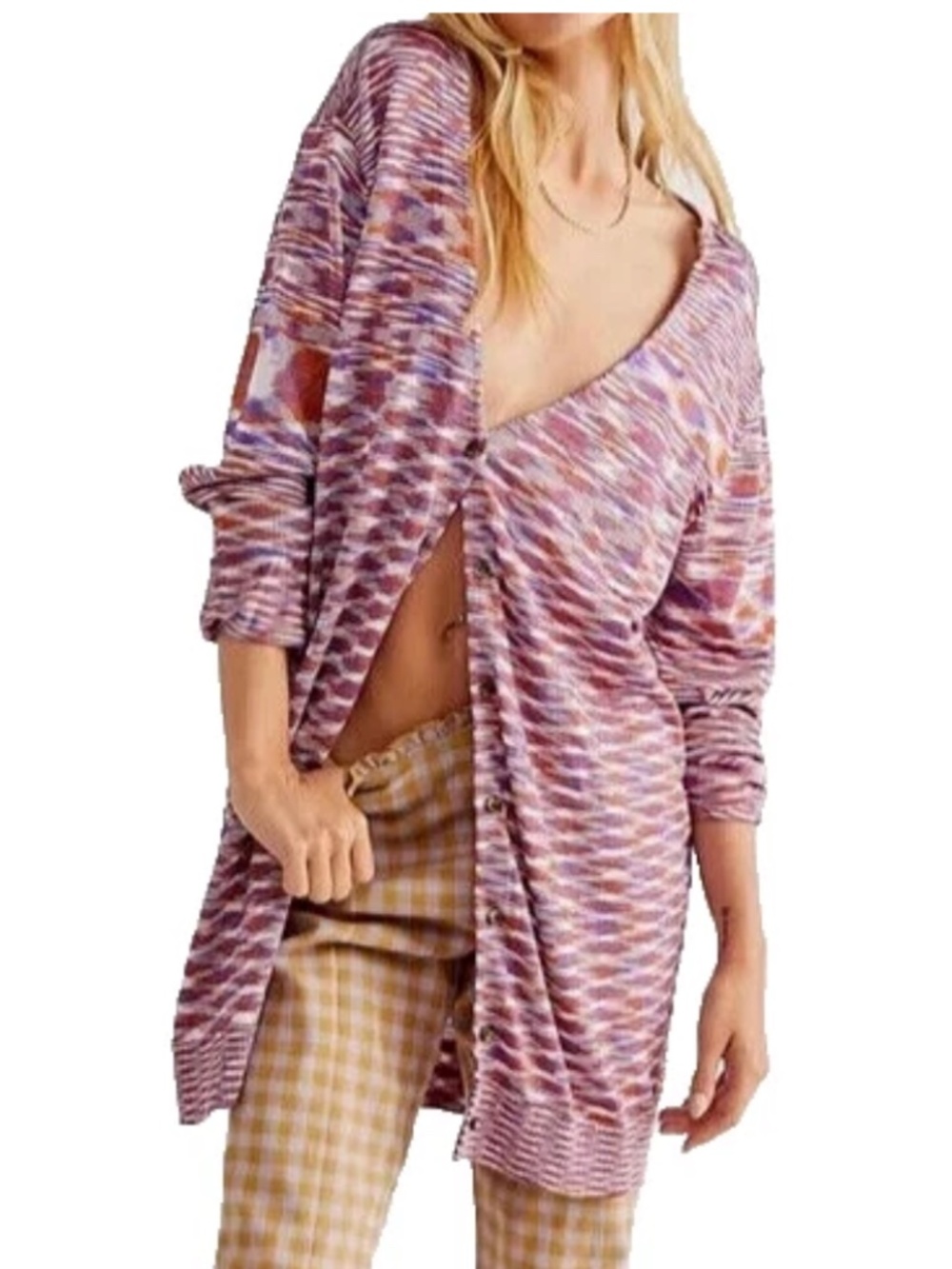 Free People Into The Night LS Pointelle Cardigan Sweater XS Purple Multicolor